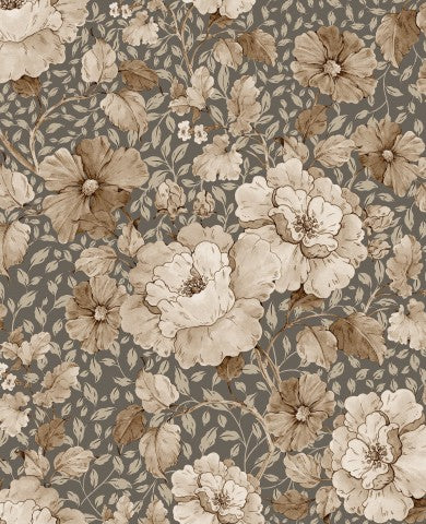 Satin cotton floral wallpaper with brown and beige flowers