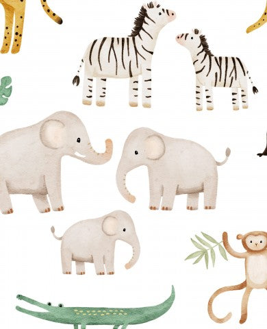 Vandtæt stof med en serie akvareldyr, herunder en elefant, en giraf, en zebra og mere
