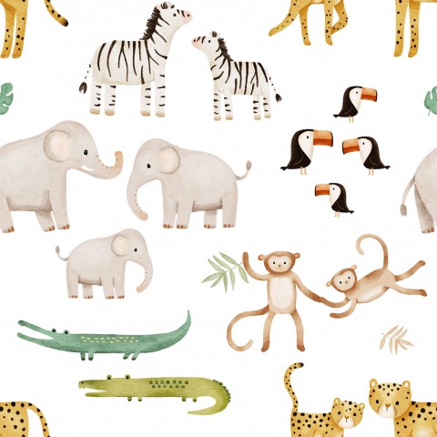 Waterproof fabric a series of watercolor animals on a white background