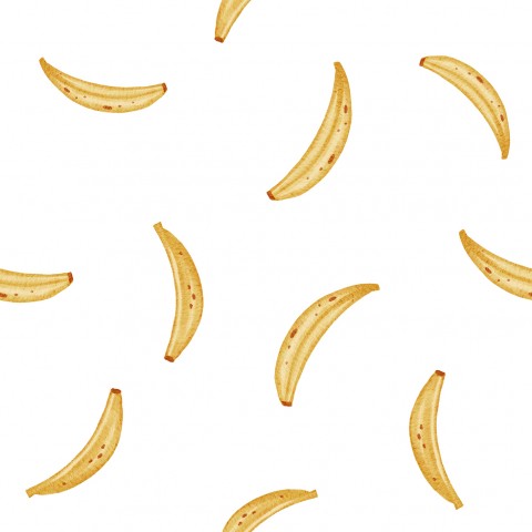 Bananmønster i satinbomuld på hvid baggrund
