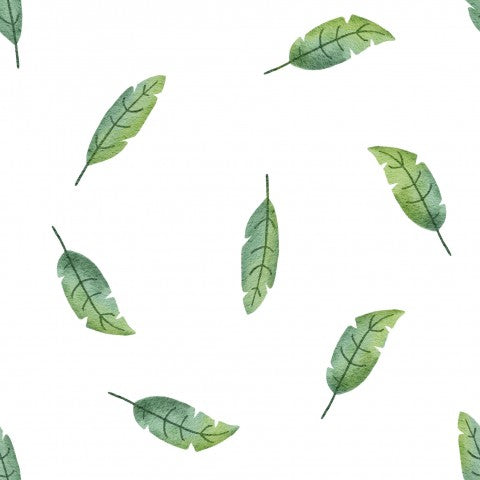 Satin cotton a pattern of green leaves on a white background