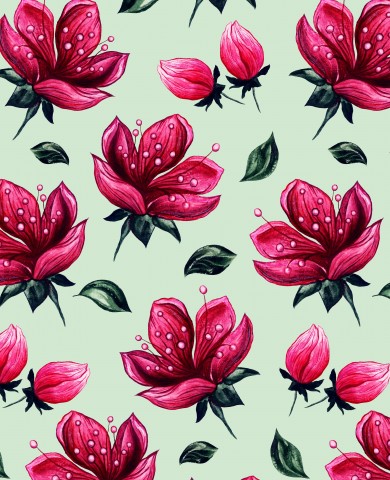 Satin cotton red flowers and leaves