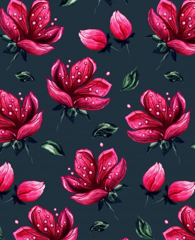 Rib Jersey pink flowers and leaves