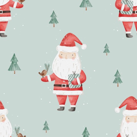 French Terry Christmas pattern with Santa Claus and pine trees