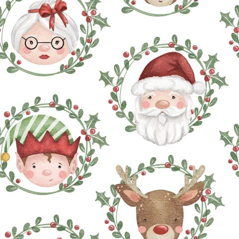 Satin cotton Christmas pattern with Santa Claus, elf and reindeer