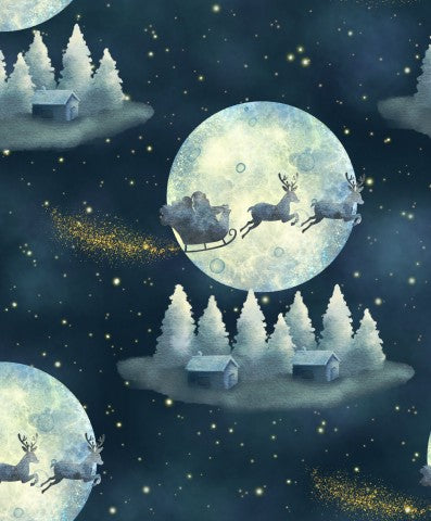 Satin Baumwolle Weihnachtsmann und Rentieren, die über den Mond fliegen