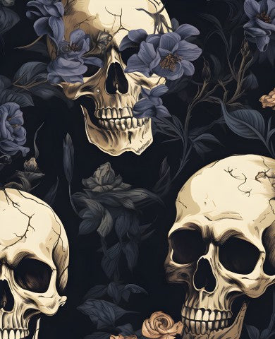 Waterproof fabric skulls and roses on a black background