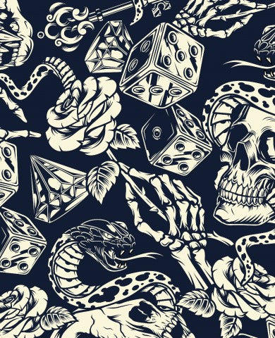 French Terry Totenköpfen und Würfeln auf schwarzem Hintergrund