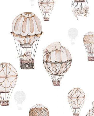 Tessuto in morbida tela di cotone con palloncini color caramello su sfondo bianco: ideale per abiti, borse e accessori alla moda.
