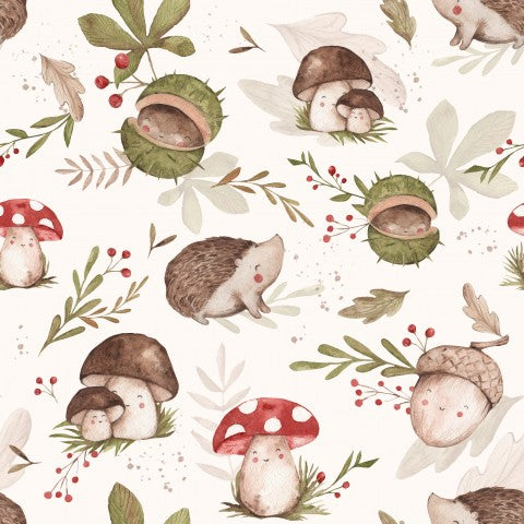 French Terry hedgehogs and mushrooms on it