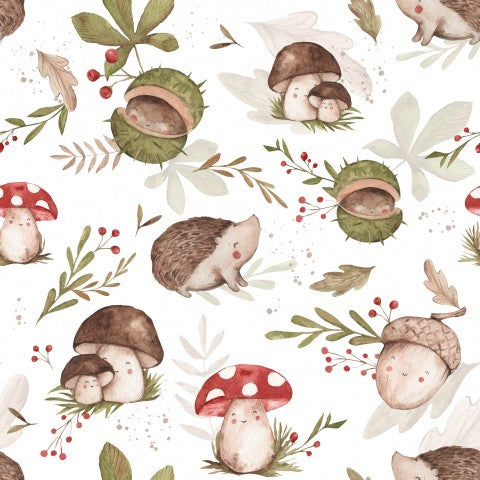 French Terry hedgehogs and mushrooms on it