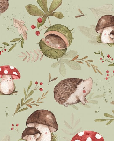 Waterproof fabric hedgehogs and mushrooms on it