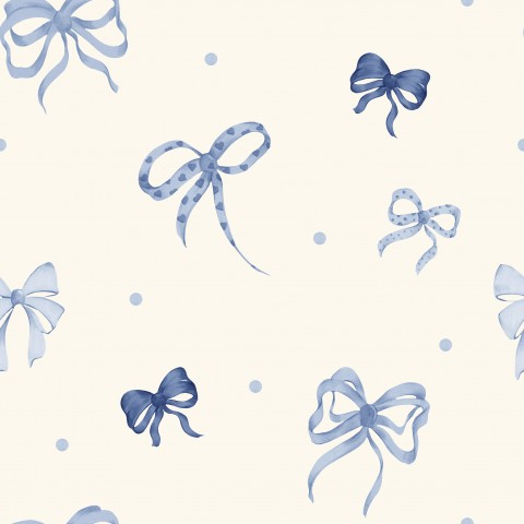 Satin cotton a blue and white pattern with bows and dots