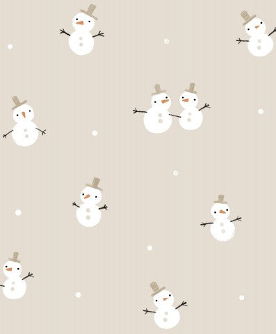 Satén de algodón con estampado de muñecos de nieve sobre fondo beige.