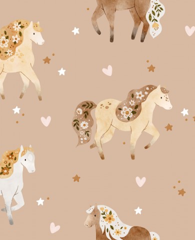 French Terry horses and hearts on a brown background