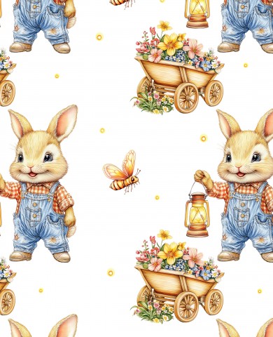 Coniglietti pasquali e fiori in French Terry