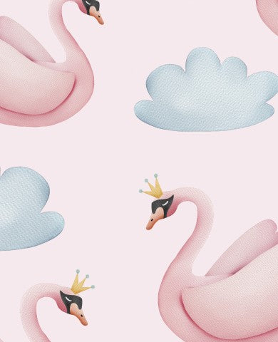 SoftShell pink swans with crowns and clouds on a pink background