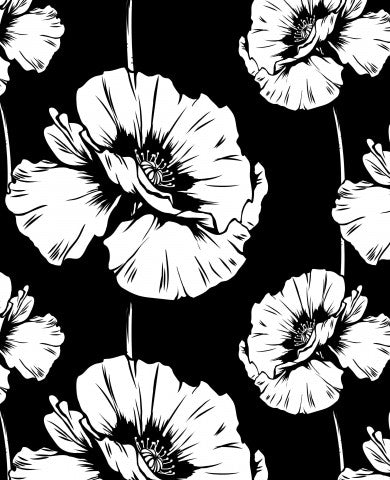 French Terry schwarze und weiße Blumen auf schwarzem Hintergrund