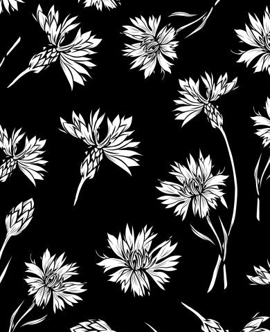 French Terry black and white flowers on black background