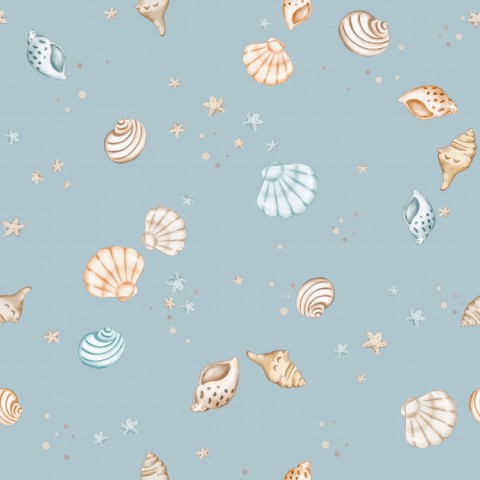 Natuurlijke schoonheid op uw naaitafel - Canvas Katoen Zeeschelpen Hemelsblauw 15x15cm. Metallic katoenen stof met een schelpenprint en een zachte hemelsblauwe tint.