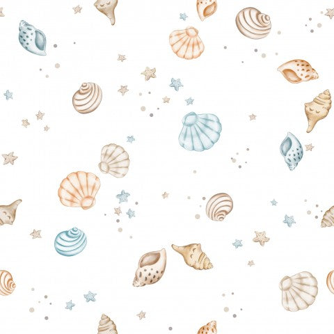 Katoenen canvasstof in wit met schelpenpatroon - ideaal voor patchworkprojecten of handwerk zoals quilts, tafelkleden en tassen - 15x15cm verkocht per meter