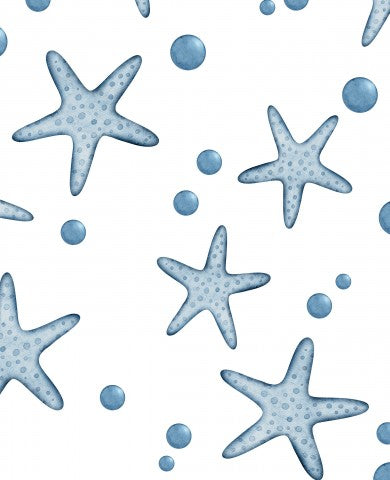 Satin cotton blue starfish and bubbles on white background