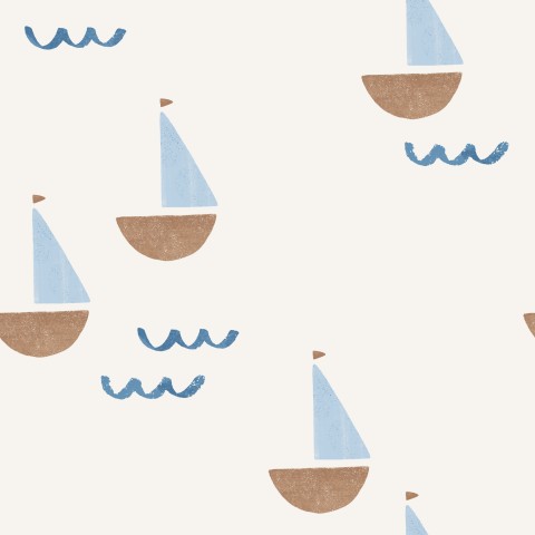 Waterproof fabric blue and brown sailboats on a white background