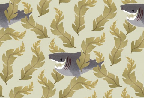 Satin cotton with a shark and leaves on it
