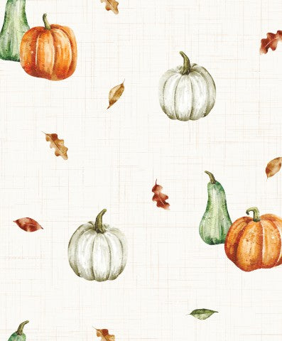 Calabazas de muselina, cucurbitáceas y hojas sobre un fondo blanco.