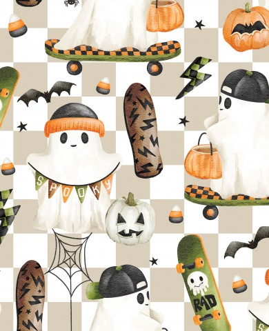 Satinbomuld med et Halloween-mønster med spøgelser, græskar og skateboards
