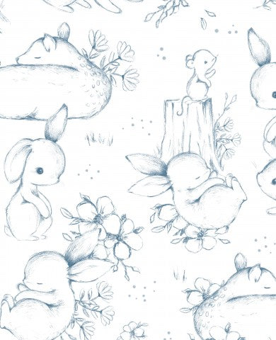 Satin cotton a blue and white pattern with rabbits and flowers