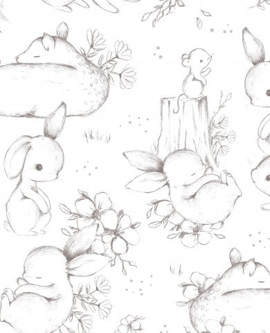 Cotone satinato con disegno in bianco e nero di conigli e uccelli