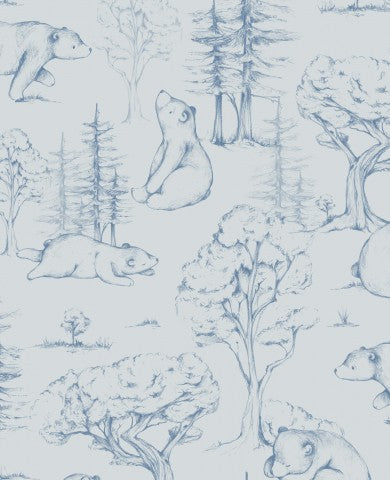 French Terry a blue and white wallpaper with bears and trees