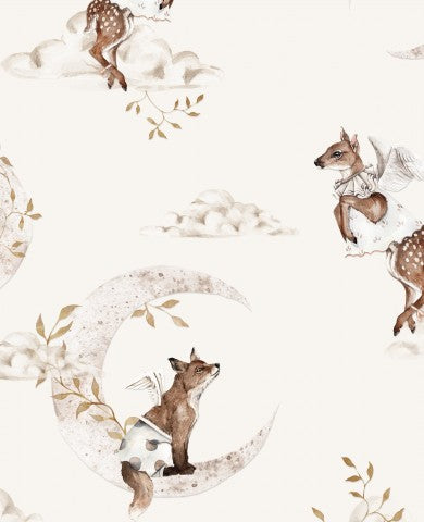 Waterproof fabric seamless wallpaper with foxes and birds on the moon