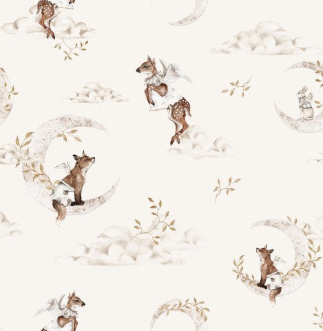 Jersey côtelé, un papier peint blanc-beige avec des renards sur la lune