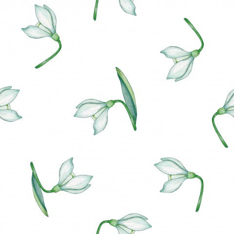 Motivo in raso di cotone con fiori di bucaneve su sfondo bianco