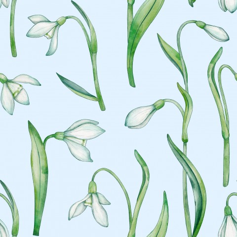 Satin bomuldsmønster med vintergækker på en blå baggrund