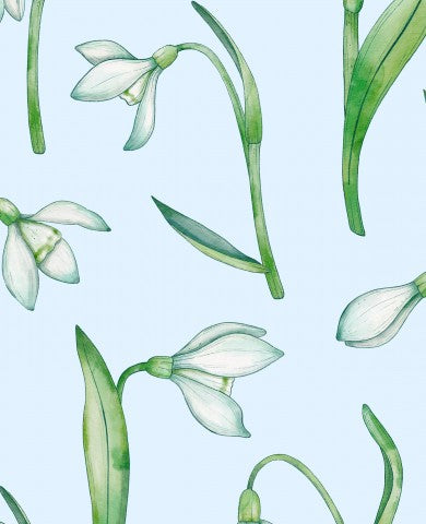 Waterproof fabric pattern of snowdrops on a blue background