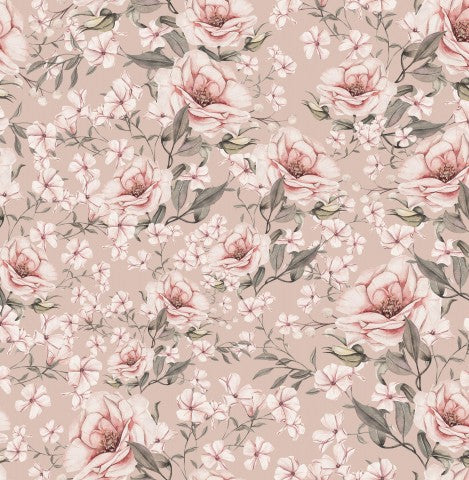 Motivo floreale in cotone satinato con fiori rosa su sfondo beige