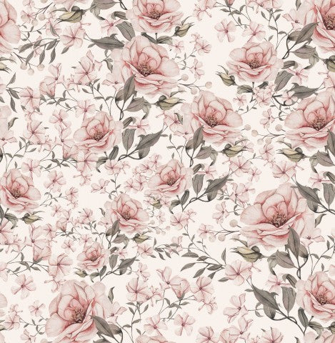 Satin cotton floral pattern with pink roses and leaves