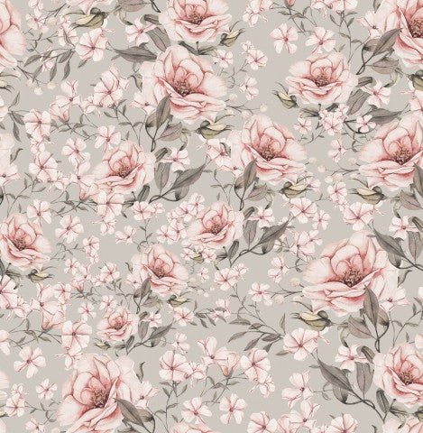 Wasserdichter Stoff Blumenmuster mit rosa Blumen auf grauem Hintergrund