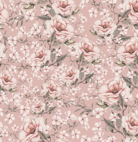 Rosa Baumwoll-Canvas mit Sommerblumen-Muster - 2 m breit. Nähere Ihre Kleidung und Accessoires mit diesem trendigen Stoff, ideal für Sommerkleider, Blusen und