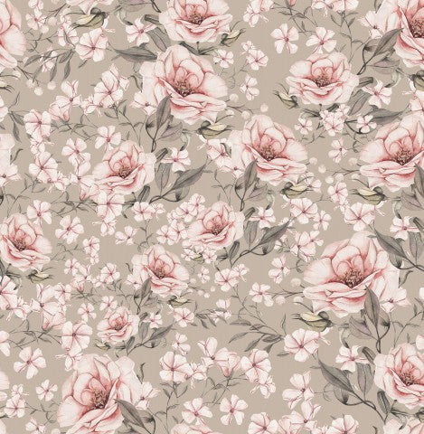 French Terry floral pattern with pink flowers on a green background