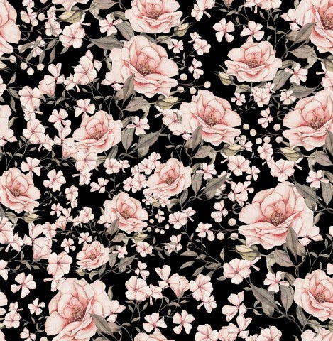 Tessuto impermeabile con motivo floreale e rose rosa su sfondo nero