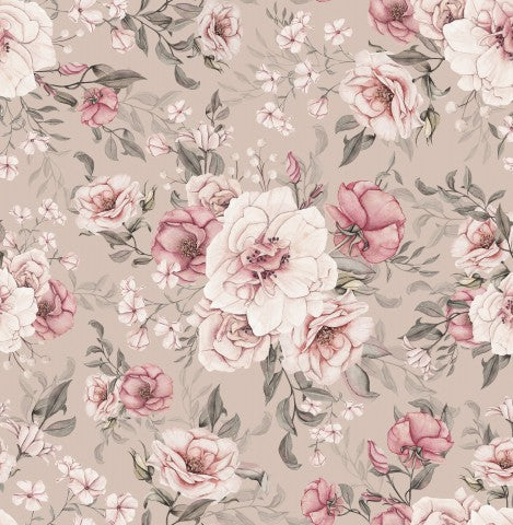 Naturlig skønhed: Beige lærredsstof med sommerblomstermønster lavet af bomuld, ideelt til udendørsmode og individuelle sykreationer.