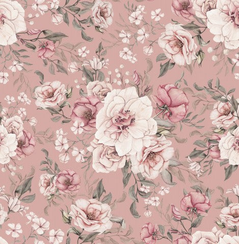 Satin cotton floral pattern with pink and white flowers