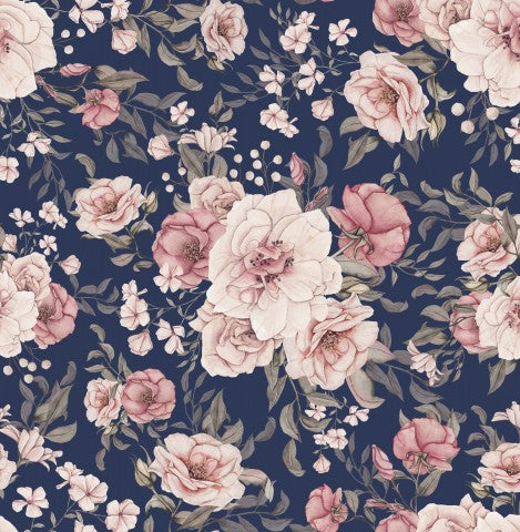 Satin Baumwolle ein Blumenmuster mit rosa und blauen Blumen auf einem marineblauen Hintergrund