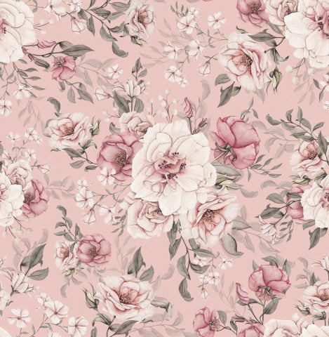 Rosa Sommerblumen-Design auf Canvas-Baumwolle - Naturideal für den Sommer: Blumenmuster in pastelrosa Farbe, zum Nähen als Meterware erhältlich.