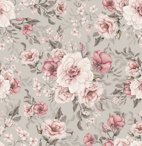 Estampado floral de felpa francesa con flores rosas sobre un fondo gris