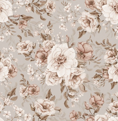 French Terry bloemenpatroon met bruine en witte bloemen
